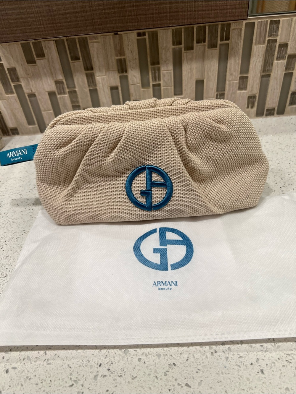 Giorgio Armani Beige Canvas Cosmetic Pouch with Blue Logo